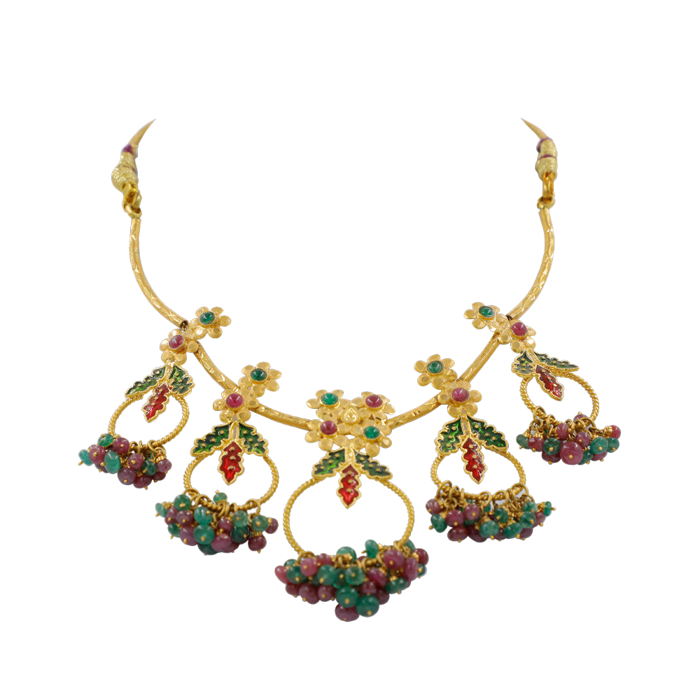 22K Ruby And Emerald, Stone And Beads Meenakari Necklace