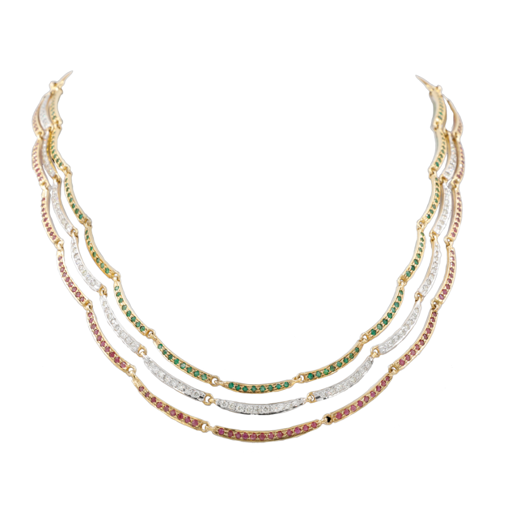 14 Emerald, Ruby And Diamond 3 Layered Necklace