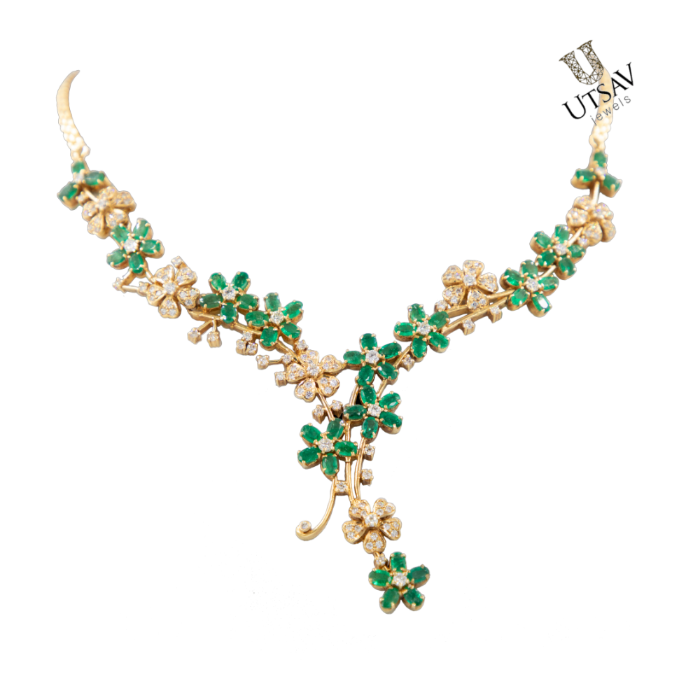 18k Emerald And Diamond Curved Necklace