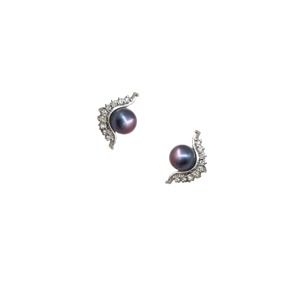 18k wg big blackk pearl Diamond Earrings