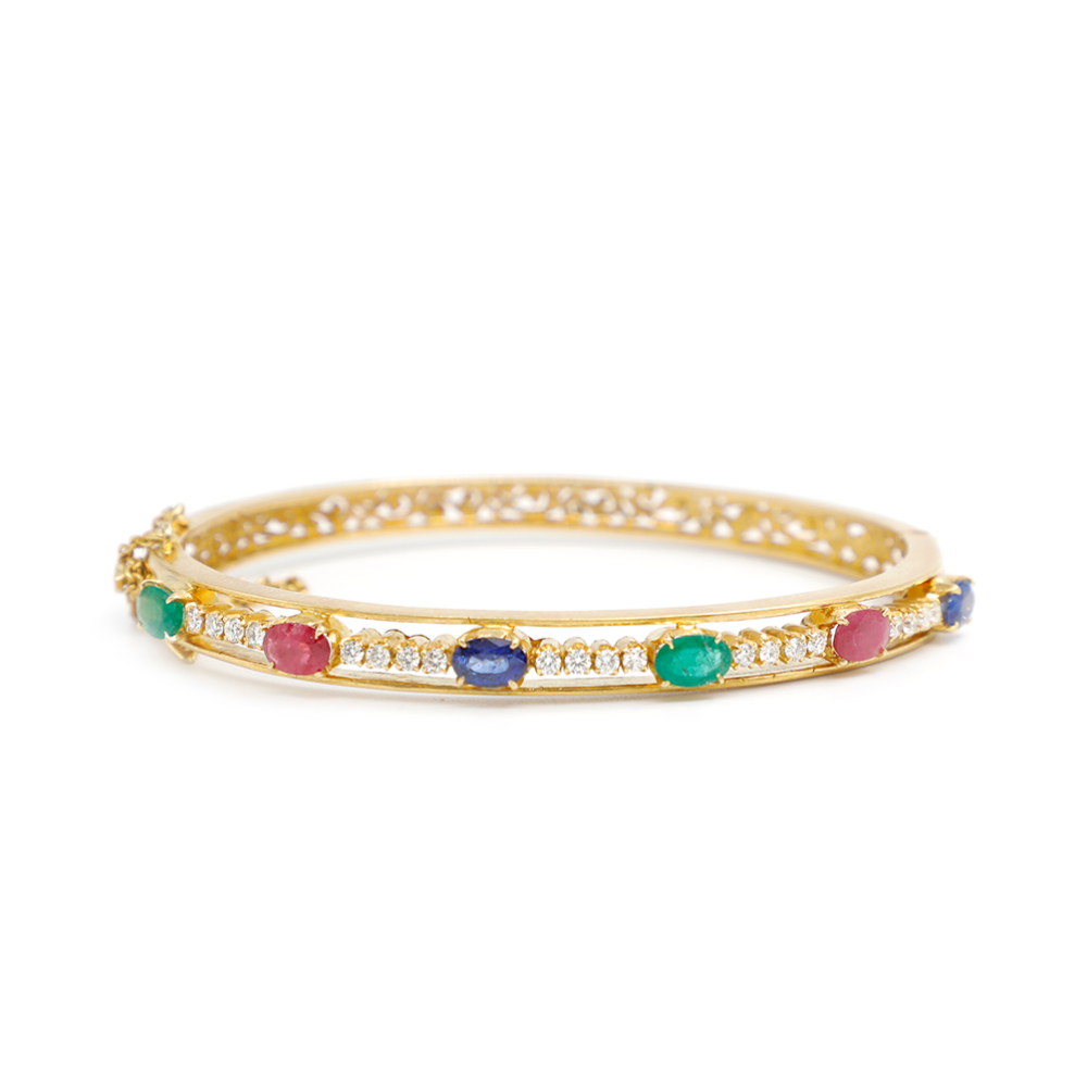 18K Ruby, Emerald, Blue Sapphire and Diamond Oval Bangle