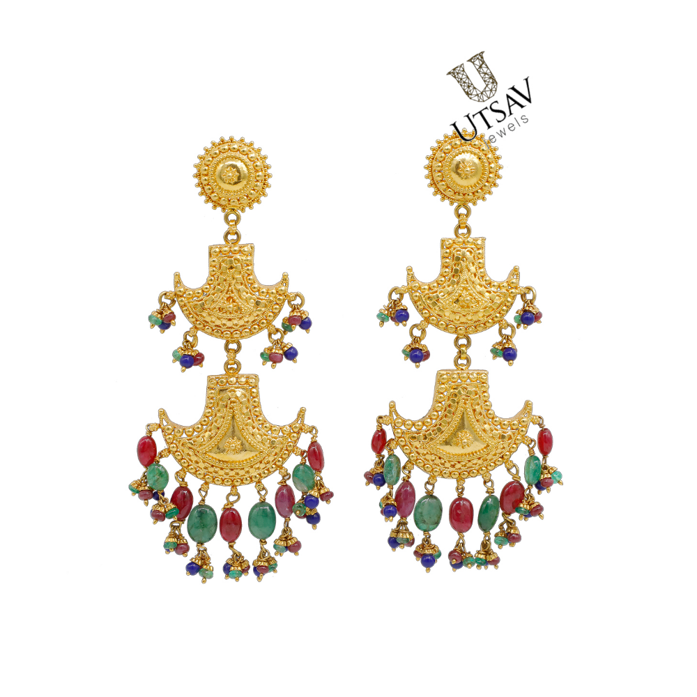 22K Step Earrings With Stone Beads