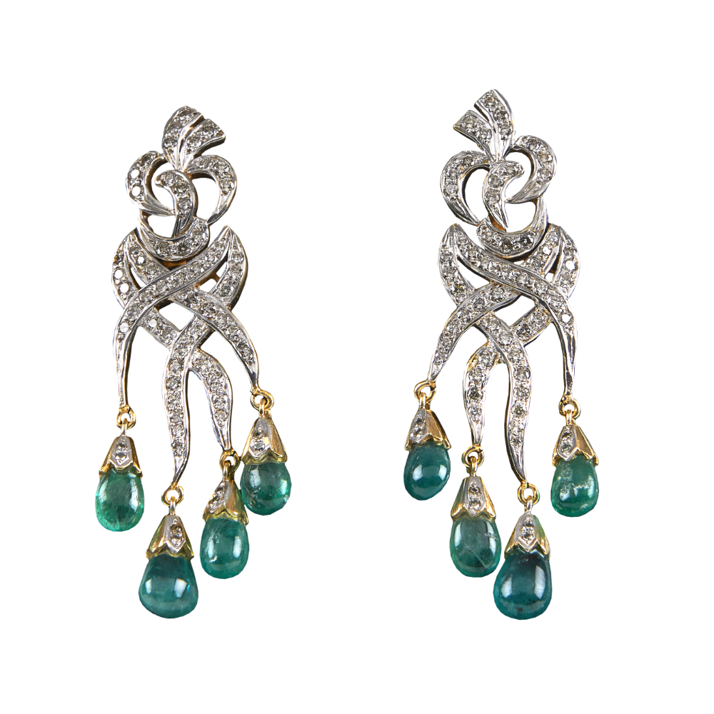 18k Emerald Drop And Diamond  Earrings