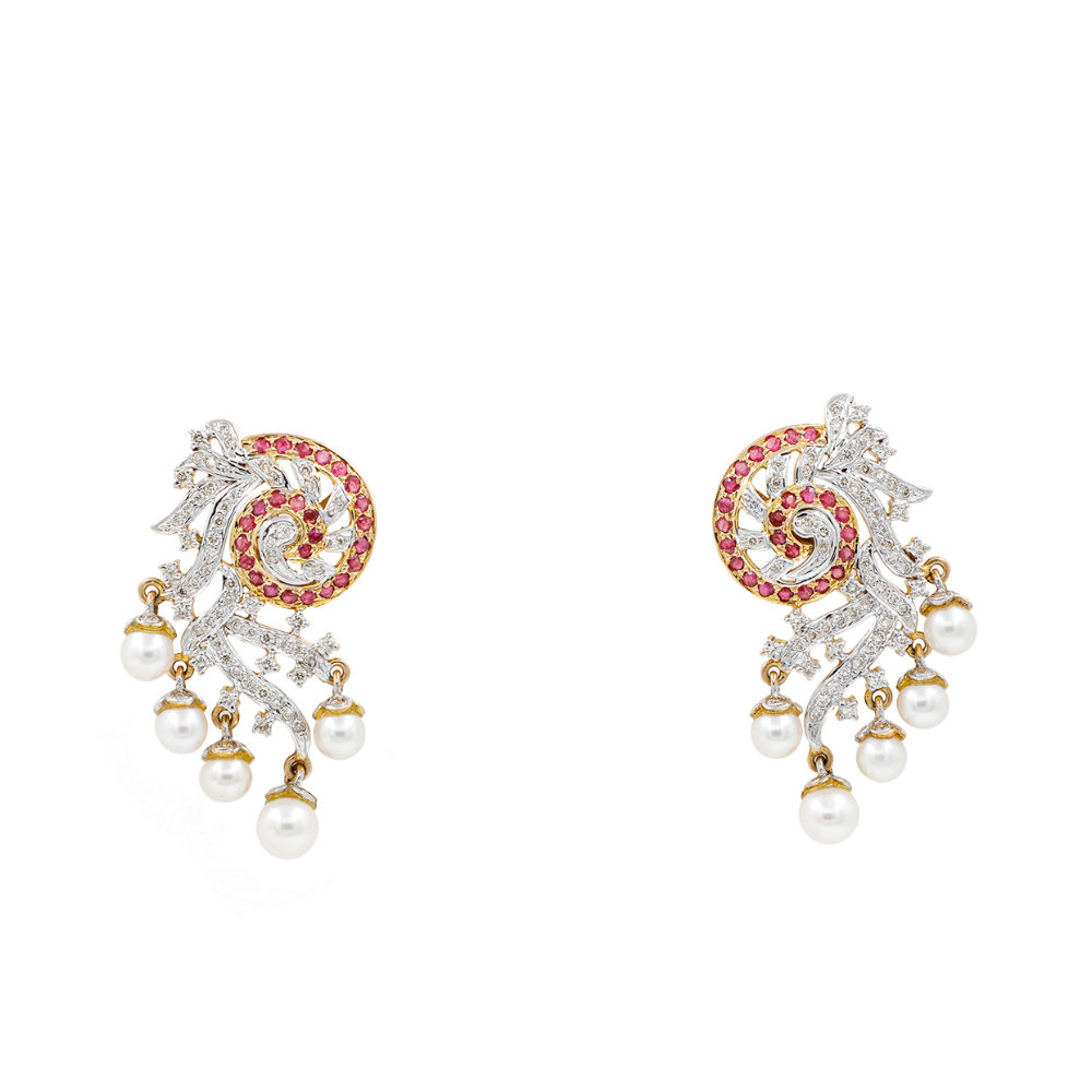 14k Ruby, Pearl and Diamond Spiral Earrings